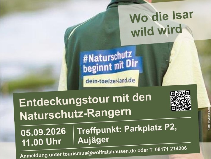 Plakat zur Rangertour am 5.9.2026 "Wo die Isar wild wird"-Entdeckungstour ab Aujäger, © Landratsamt Bad Tölz-Wolfratshausen, Foto Leonie Lorenz Plakat zur Rangertour am 5.9.2026 "Wo die Isar wild wird"-Entdeckungstour ab Aujäger, © Landratsamt Bad Tölz-Wolfratshausen, Foto Leonie Lorenz