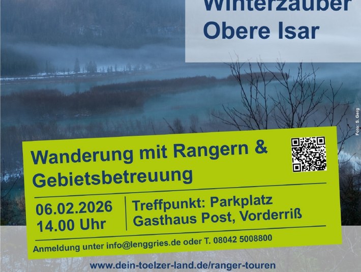 Plakat zur Tour am 6.2.26 "Winterzauber Obere Isar" ab Vorderriß/Lenggries, © Landratsamt Bad Tölz-Wolfratshausen|Foto: S. Gerg Plakat zur Tour am 6.2.26 "Winterzauber Obere Isar" ab Vorderriß/Lenggries, © Landratsamt Bad Tölz-Wolfratshausen|Foto: S. Gerg