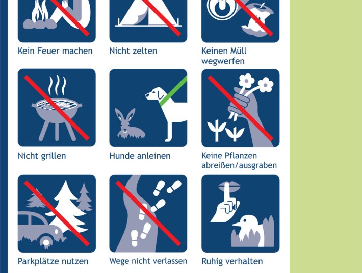 Auf einen Blick: die wichtigsten Regeln f&uuml;r Naturschutzgebiete. Bitte beachte die Hinweisschilder bei Deinem Naturerlebnis, damit Du und andere auch morgen noch die Natur genie&szlig;en k&ouml;nnt! Denn: Naturschutz beinnt mit Dir., &copy; Landratsamt Bad T&ouml;lz-Wolfratshausen