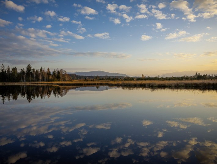 Im Kirchsee spiegeln sich Himmel und Berge - das Gebiet rund um den Moorsee bei Sachsenkam liegt im Naturschutzgebiet Ellbach-Kirchsee-Moor  , © Tölzer Land Tourismus|Max Gast