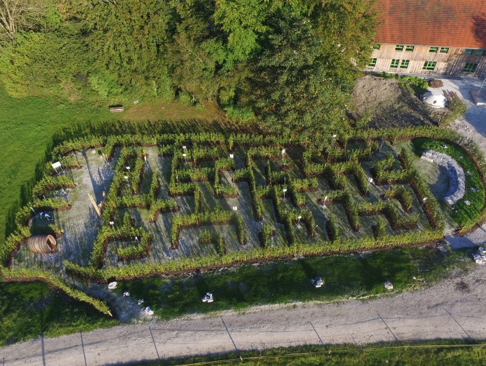 Der Heckenirrgarten in Könisgdorf nahe der Bildungsstätte Hochland von oben in Form eines menschlichen Fußabdruck- eine besondere Form des Lehrpfads zum &quot;ökologischen Fußabdruck&quot; der Menschen mit Rätselstationen, © Archiv Tölzer Land Tourismus|Matthäus Krinner