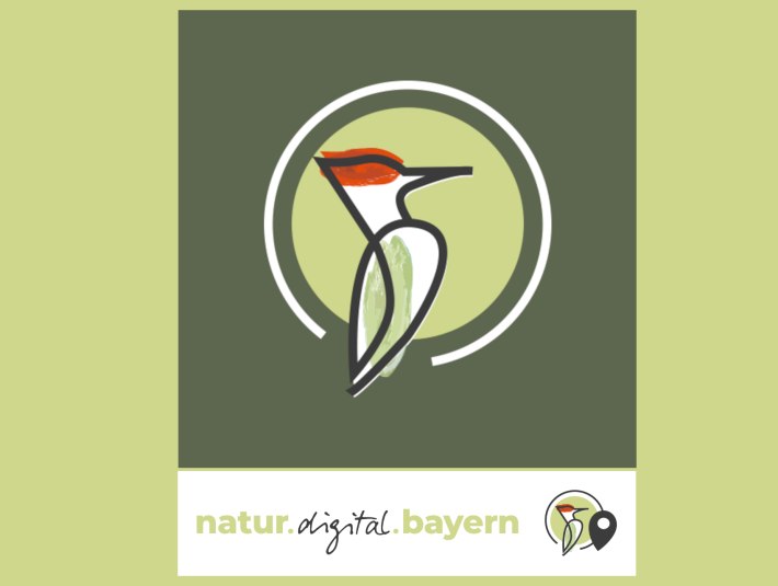 Das Bild mit dem Logo der Natur.digital-App zeigt einen gezeichneten Specht in einem wei&szlig;en Kreis und der Bildunterschrift natur.digital.bayern, &copy; Natur Erlebnis Bayern|Bayer. Staatsministerium f&uuml;r Umwelt und Verbraucherschutz