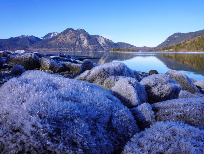 Raureif liegt auf den großen Steinen am Walchenseeufer. Über dem glatten See spiegelt sich die Berglandschaft, © Landratsamt Bad Tölz-Wolfratshausen|Foto: A. Fischer