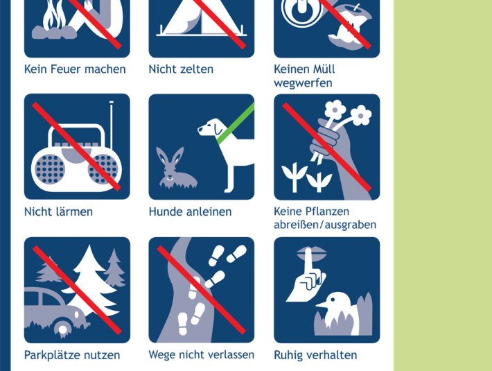 Die wichtigsten Regeln in Naturschutzgebieten auf einen Blick. Bitte beachte die Hinweisschilder bei Deinem Naturerlebnis, damit Du und andere auch morgen noch die Natur genie&szlig;en k&ouml;nnt! Denn: Naturschutz beinnt mit Dir., &copy; Landratsamt Bad T&ouml;lz-Wolfratshausen