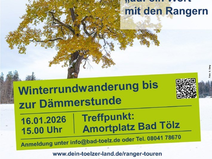 Plakat &quot;Winterwanderung bis zur Dämmerstunde&quot; am 16.1.2026 in Bad Tölz, © Landratsamt Bad Tölz-Wolfratshausen|Foto: S. Gerg